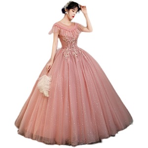 Women Tulle Ball Gown Red Bean Paste Color 3D Floral Embellished Stage Performance Dress Long Evening Gown Adult Size - Product Image 5