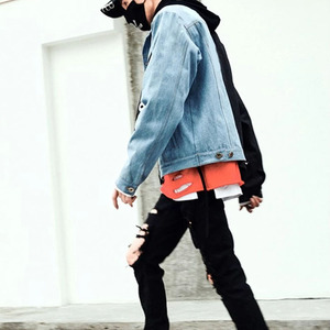 New Design Wholesale Streetwear Two Tone Custom logo Tape Color Block <strong>Men</strong> <strong>Denim</strong> <strong>Jackets</strong> - Product Image 5