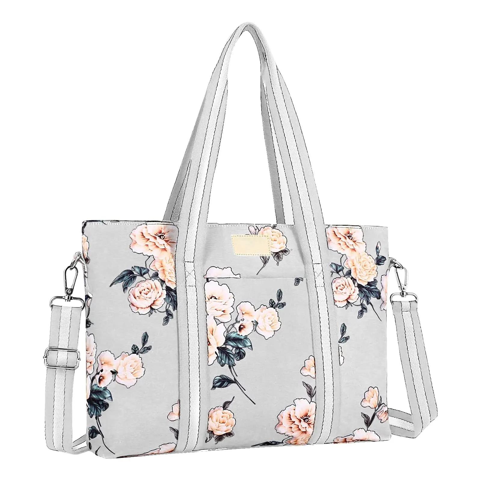 Laptop Tote Bag for Women  Grey Canvas Camellia Multifunctional Work Travel Shopping Duffel Carrying Shoulder Handbag