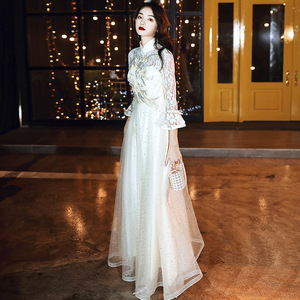 Chinese Style Long Evening Dress Women A-Line Stand Neck Organza Champagne Color Hostess Bridesmaid Dress 2026 New Fashion - Product Image 1