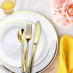 ชุดเครื่องใช้บนโต๊ะอาหารพลาสติกสีทองแบบใช้แล้วทิ้งสุดหรูจานของหวานถ้วยเงินขนาด9ออนซ์สำหรับงานแต่งงาน - Product Image 2