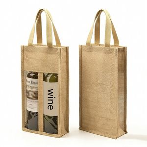 Burlap Handbag With Transparent Panel 2-Bottle Capacity Customizable Logo Red Wine Gift <b>Packaging</b> Bag - Product Image 1