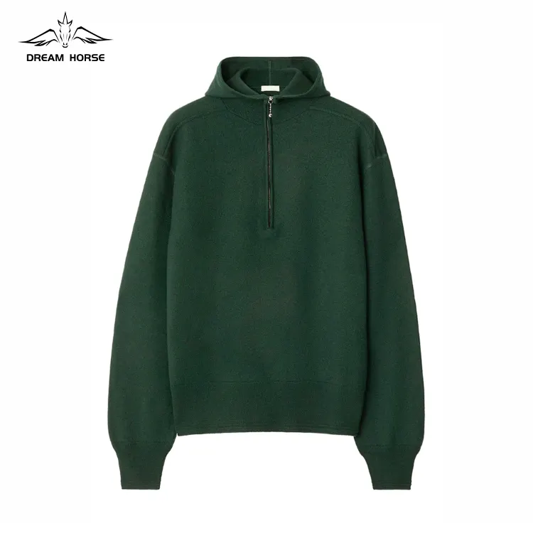 AiNear vente en gros de logo personnalisé design oem & odm manches longues demi-zip blanc vert hommes 100% laine tricoté pull à capuche pull-over