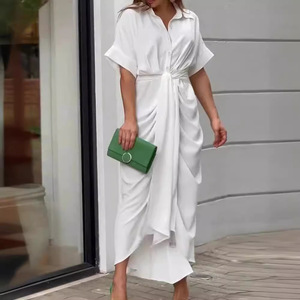 Robe longue décontractée pour femme, style chemise, à manches courtes, motif crocheté, col à boutons, corset cintré, style doux, été 2026 - Product Image 5