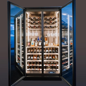 Armoire à vin alcoolisée Étagère <span class=keywords><strong>en</strong></span> aluminium Présentoir à vin <span class=keywords><strong>en</strong></span> <span class=keywords><strong>bois</strong></span> de luxe <span class=keywords><strong>Comptoir</strong></span> de bar à vin pour magasin - Product Image 1