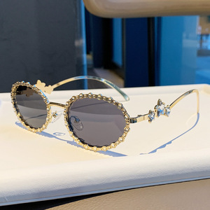 2025 Ins Style Cross-Border Oval Rhinestone <b>Gold</b> <b>Frame</b> Glasses Concave Shape Full <b>Frame</b> Diamond UV400 Anti-Uv Lenses - Product Image 1