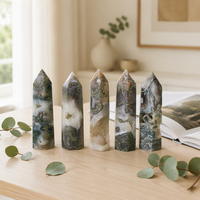 Tours d'agate mousse polies vertes, points de cristal porte-bonheur pour la guérison Reiki, pour la décoration artistique et la collection à domicile