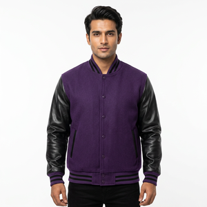 Blouson universitaire de baseball style Letterman, manches en cuir blanc, corps en laine violette, taille XL, col montant, motif hiver - Product Image 1