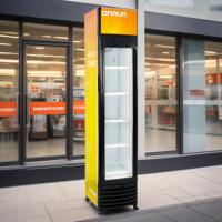 Réfrigérateur vitrine vertical 150L au design mince avec porte vitrée et éclairage de marque intégré