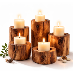Ensemble de porte-bougies rustiques en bois avec texture naturelle, tailles variées et bougies à l'ambiance chaleureuse, parfait pour une décoration intérieure douillette - Product Image 4