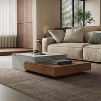 Table basse carrée de luxe moderne avec plateau en pierre frittée et base en bois massif, extensible avec rangement, pour salon, bureau à domicile, décoration et mobilier