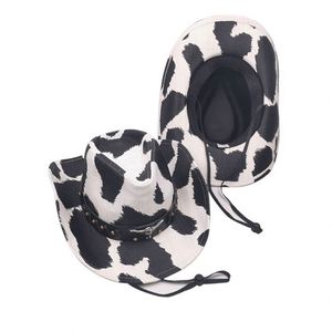 Retro Western Cowgirl Cowboy <b>Hat</b> Cow Pattern Style Straw <b>Hats</b> White Wide Brim <b>Hat</b> - Product Image 2