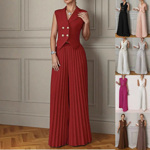 Europese Amerikaanse Dameskleding Grensoverschrijdende Nieuwe Mode Mouwloze Vest Geplooide Rok Broek Tweedelige Set Lang - Product Image 2