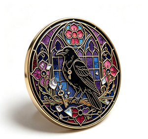 Moneda Redonda de Cobre con Diseño de Cuervo Negro, Arte Gótico, Moneda Coleccionable Esmaltada con Diseño Floral Morado y Llave - Product Image 2