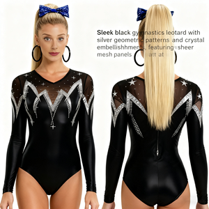 Гламурный металлизированный костюм для гимнастики из спандекса с сетчатыми вставками и звездами для девочек, тренировочный танцевальный костюм - Product Image 2