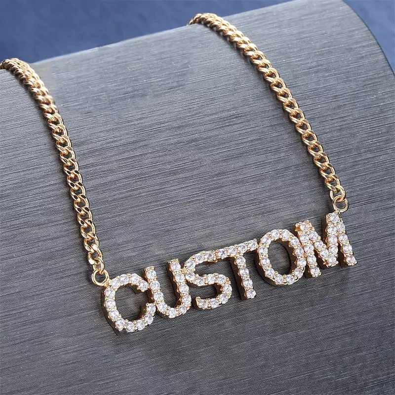 Custom Name Cuban Link Chain Necklace with Name 18K Gold Plated CZ Zircon Letter Name Necklace jewelry