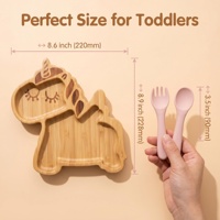 Ensemble d'assiettes d'alimentation en bambou naturel en forme de licorne, design divisé, plateau anti-déversement avec ventouse, cuillère et fourchette en silicone de qualité alimentaire