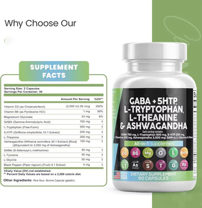 Cápsulas Herbales de 5-HTP Todo en Uno con GABA, L-Triptófano, L-Teanina y Ashwagandha para el Sueño, el Estado de Ánimo, las Emociones y la Relajación - Product Image 6