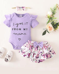 Vente en gros d'usine, été, mode bébé fille, t-shirt à manches courtes imprimé 100% coton, short, ensemble 3 pièces - Product Image 3