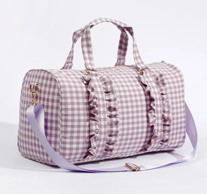 全新设计师大容量带隔层格子可折叠女式棉褶边行李袋 - Product Image 1