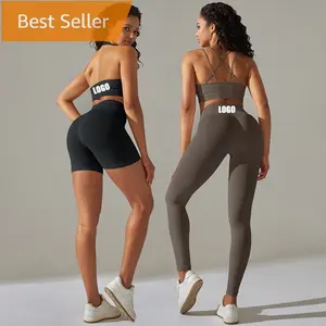 Set pakaian wanita 4 potong, tank Top Yoga Cross Back, pakaian aktif tanpa kelim kebugaran Gym, halter, bra, Legging, celana pendek