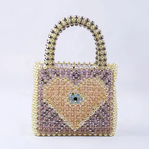 Summer Style Ladies Handmade Resin Beads Purse Women Acrylic Beaded Top-Handle Clutch Handbag Love Pattern Tote Bag