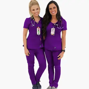 2022 새로운 제품 유니폼 병원 스트레치 부드러운 패브릭 의료 유니폼 스크럽 어두운 보라색 간호사 스크럽