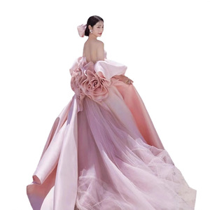 Pink Satin Ball Gown Wedding Dress Sweetheart Neckline Long Train Beach Photography - Product Image 5