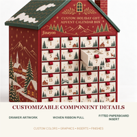 Calendrier de l'Avent personnalisé 24 jours Snowridge Village Gable House, boîte cadeau en carton rigide recyclable, pelliculage mat, dorure à chaud