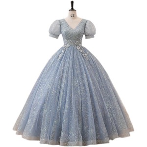 Princess Evening Gown <b>Light</b> Blue V-<b>neck</b> Empire Waist Ball Gown Floral Print Spring Formal Dress - Product Image 5