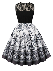 Đầm trung dài màu trơn thanh lịch với tay áo ren và cổ tròn, chất liệu dệt in kỹ thuật số, có thể giặt được - Product Image 2