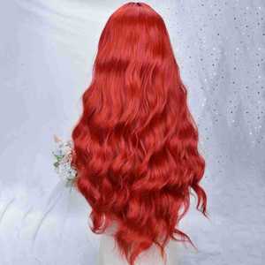 วิกผมยาวหยิกสีแดงพร้อมผมหน้าม้าปัดข้าง วิกผมสังเคราะห์ใยคาเนคาลอนแบบเต็มศีรษะ  ฐานลูกไม้ 13x4  แนวไรผมธรรมชาติ - Product Image 5