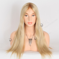 Perruque Lace Front longue blonde de 20 pouces indétectable cheveux européens lisses petite taille racines brunes pour les femmes caucasiennes