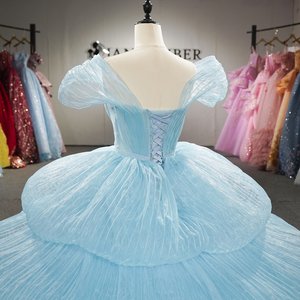 Vestido de Noche Largo de Gasa Azul Cielo con Hombros Descubiertos, Estilo Princesa, con Volantes y Escote Corazón, Elegante - Product Image 6