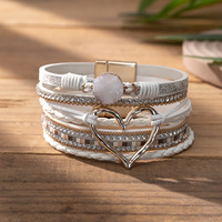 Bracelet en cuir bohème pour femmes, cœur creux, multi-rangs, fermoir magnétique, zircon