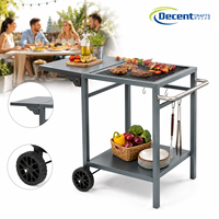 Chariot à roulettes à deux niveaux avec extension pliable, crochets en S, grandes roues, cadre en métal noir, chariot de barbecue de 550 mm