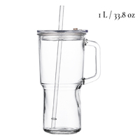 Gobelet de voyage en verre transparent de 1L avec poignée, paille réutilisable et couvercle anti-fuite, grand format pour café, bureau, vente en gros, OEM