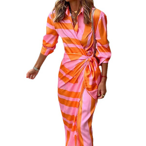 Robe midi imprimée à col polo et ceinture, à rayures, manches longues, pour le bureau et les trajets quotidiens, pour femmes, dropshipping Shopify - Product Image 1