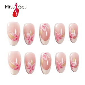 Faux ongles élégants à bout français, motif floral, brillants, forme amande, à presser, <span class=keywords><strong>courts</strong></span> - Product Image 1