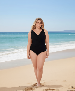 Costume da bagno intero da donna Miraclesuit taglie forti, scollo a V, controllo pancia, nero tinta unita - Product Image 2