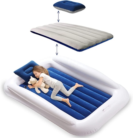Kids Travel Air Mattress Inflatable Bed Set With Raised Sides and 120V Electric Quick Fill Air Pump