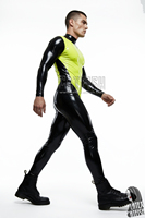 Combinaison en latex sur mesure, noir brillant et vert herbe, pour homme, bicolore, une pièce, intégrale