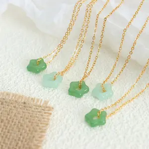Ins 18K Gold Plated Stainless Steel Jade Round Flower Pendant Necklace For Women Waterproof Jewelry Gift