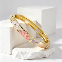 Bracelet jonc fin articulé en émail cloisonné chinois, motif fleur de lotus ajourée, plaqué or, avec strass, empilable, style ethnique oriental, vente en gros