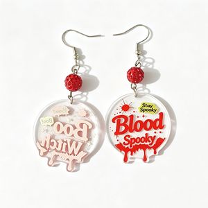 Boucles d'oreilles pendantes en acrylique avec lettres effet sang coulant pour Halloween, motif rond 'Boo' et texte effrayant, bijoux de fête gothiques - Product Image 6