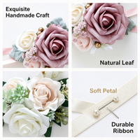 Corsage Pergelangan Tangan Buatan Tangan dengan Mawar Tiruan Real Touch, Daun Hijau Campuran, dan Pita Satin untuk Pengiring Pengantin, Pengantin Wanita, Pernikahan, Homecoming, dan Pesta