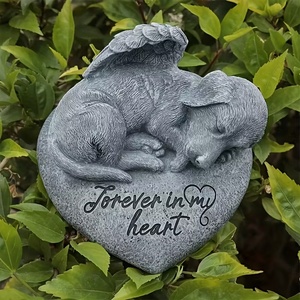 Chiot sur coeur Sculpture en résine, chien endormi gris avec décor d'ailes d'ange sur base gravée, cadeau de sympathie pour la perte d'animaux domestiques pour le jardin - Product Image 4