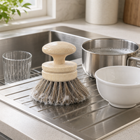 Brosse de nettoyage réutilisable pour casseroles et poêles, avec poignée en bambou, poils de cheval naturels, écologique, anti-rayures, ronde, pour la cuisine