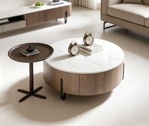 Modern Round <b>Coffee</b> <b>Table</b> <b>Set</b> Marble Top Wood Frame Storage Living Room Furniture - Product Image 2