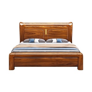 Lit en bois de noyer massif de style chinois minimaliste moderne, 1,8 m, avec rangement, lit double pour chambre principale, lit de mariage - Product Image 4